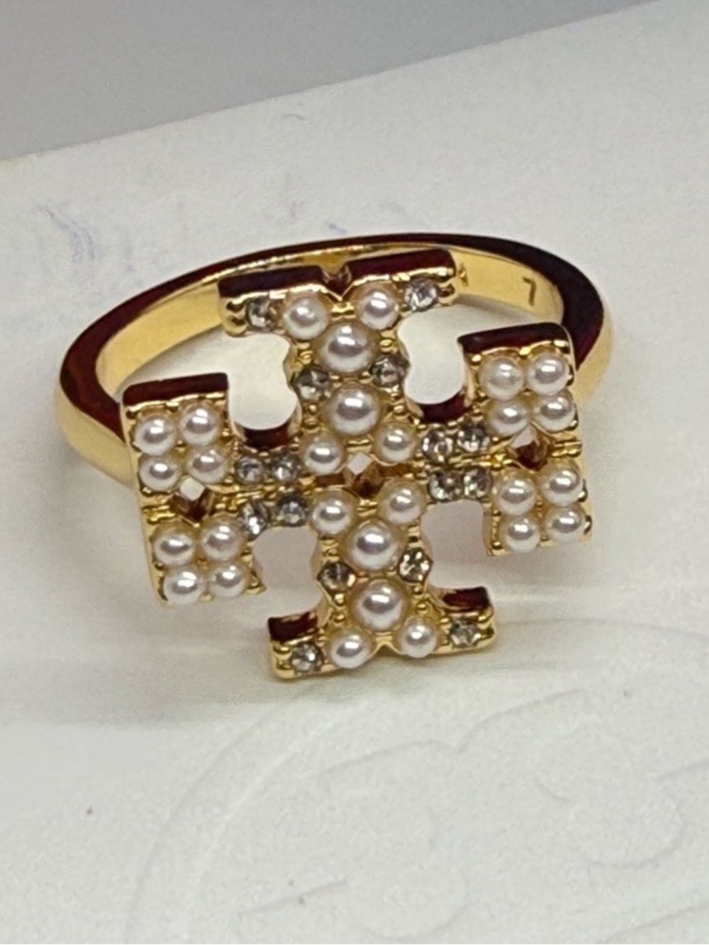 Tory Burch Kira T Gold Pearl Ring NEW $129